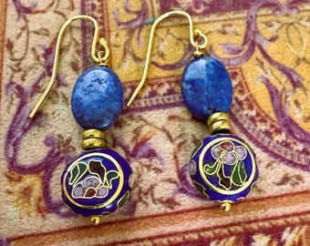 Vintage Blue Chinese Cloisonné Lapis Gold Earrings: Sterling Gold-Plated Dangle Jewelry Jewelry