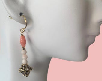 Vintage Angel Skin Coral Gold Dangle Earrings: 24kt Gold Plated Sterling Silver , Carved Salmon Coral Boho Style Jewelry