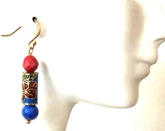 Vintage Chinese Cloisonne Earrings: Coral Lapis Sterling Silver Dangle Jewelry Jewelry