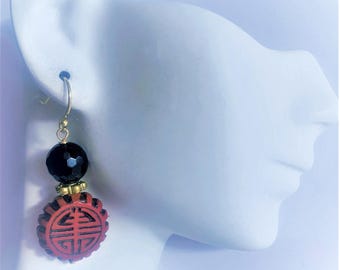 Jewelry Vintage Cinnabar Shou Earrings: Sterling Onyx, Gold Vermeil Wires Jewelry