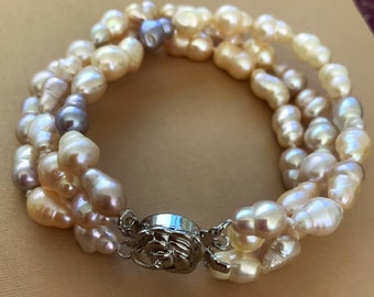 3 strand Natural Color Peanut Baroque Freshwater Pearl Bracelet w Silver Rose Clasp Valentine Day Gift Free Ship