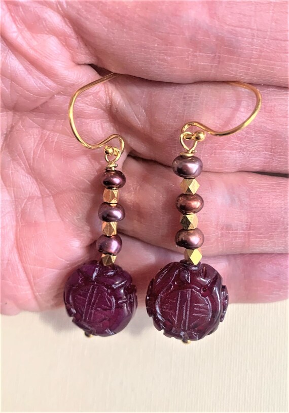 Vintage Chinese Purple Jade Shou Pearls Earrings, 