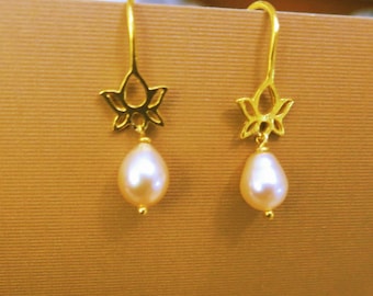 Vintage Gold Sterling Lotus Pearl Drop Earrings: Asian Dangle Earrings, Serenity Jewelry