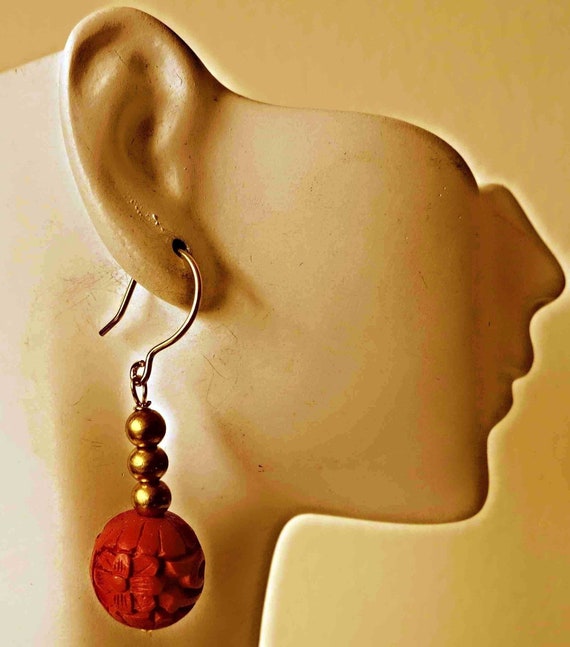 Vintage Chinese Carved Cinnabar W 24kt Gold Plated Sterling Hoop Earrings Etsy