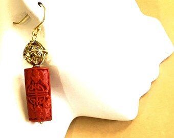 Vintage Cinnabar Shou Earrings: 18kt Gold Plated Sterling, Carved Longevity Dangles Jewelry Jewelry