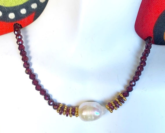 Thin Beaded Garnet Gold 925 Necklace, w Huge Baro… - image 1