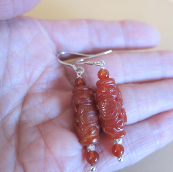 Vintage Chinese Shou Carnelian Sterling Earrings,… - image 5