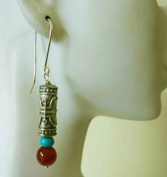 Vintage Chinese Shou Sterling Silver Earrings Jewelry, Turquoise Carnelian, 2" Long ,Jewelry