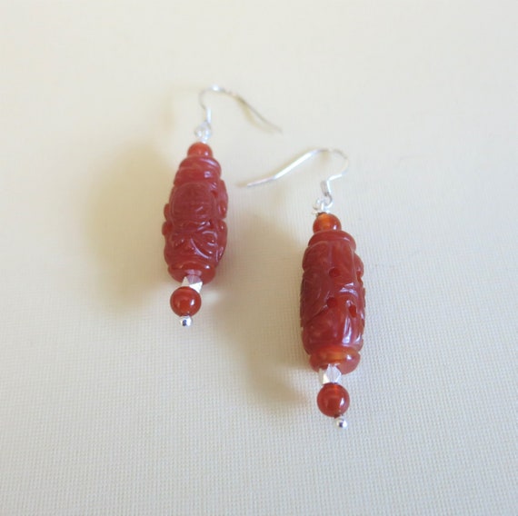 Vintage Chinese Shou Carnelian Sterling Earrings,… - image 4