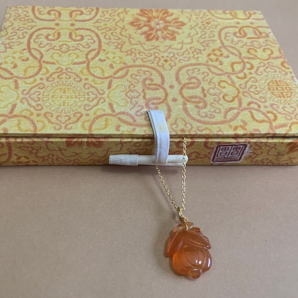 Vintage Chinese Carved Carnelian Peach Blossom Necklace, Gold Sterling Chain, 18" Hand Made Box