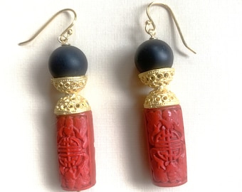 Vintage Chinese Cinnabar Shou Earrings: 18kt Gold Plated Sterling Ear Wires, Carved Onyx Dangle Jewelry Jewelry