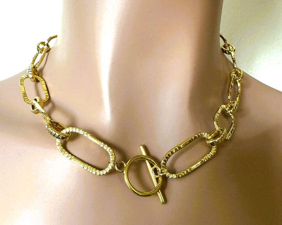 18" Large Gold Designer Toggle Necklace, Chunky Jewelry, Designer Chain,Unused , Toggle Clasp,