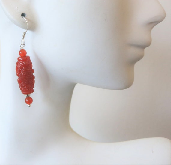 Vintage Chinese Shou Carnelian Sterling Earrings,… - image 2