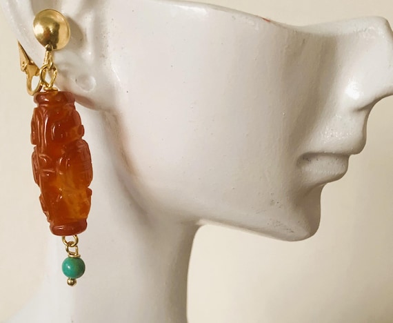 Vintage Chinese Carnelian Dragon Clip On Earrings: Turquoise Sterling Silver Jewelry Jewelry