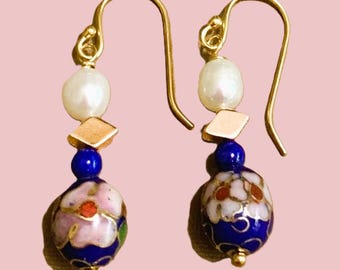 Vintage Blue Chinese Cloisonne Pearl Sterling Earrings: Sterling, Pearl, Rose Gold Jewelry