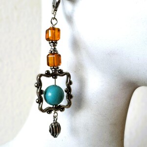 Long Sterling Turquoise Amber Earrings, Dramatic Long Boho Frame Earrings,  Hand Made Intricate Metal Work, Safe Leverbacks