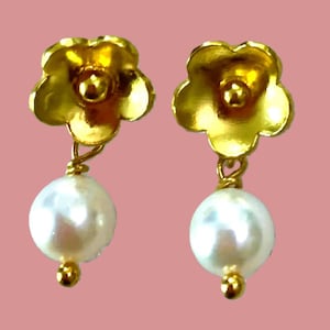 Vintage Japan Akoya Pearls Floral Post Earrings, 22kt Gold plated Sterling, Saltwater Japanese Cultured Pearls, June Birthstone, Great Gift