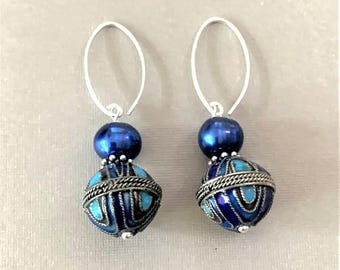 Vintage Chinese Cloisonné Pearls Sterling Hoop Earrings: Blue Freshwater Pearl Dangle Jewelry