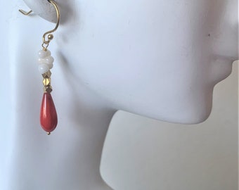 Vintage Angel Skin Coral Drop Earrings: Gold Plated Sterling Silver Boho Style Jewelry Jewelry
