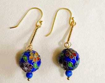 Vintage Blue Chinese Cloisonne Gold Sterling Lapis Earrings, Export Asian Drop Dangle Earrings 2", Gift For Her, Asian Drop Dangle Earrings