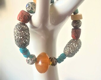 Vintage Turquoise & Coral Bracelet: Morocco Copal, Sterling Silver, 8" Jewelry Jewelry