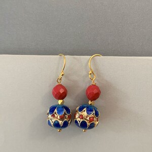 Vintage Chinese Carved Lotus Cloisonne Sterling Coral Gold Earrings, Vermeil Sterling Earrings, Asian Drop Dangle Earrings, Popular Now