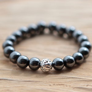 Natural Black Hematite Gemstone Bracelet Grey Stone Bracelet Rose Gold Bead Silver Bead Crystal Bracelet Mala Bead Bracelet Crystal Healing