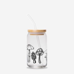 Wild Mushroom Glass Can with Bamboo Lid & Straw: Forest Fungi Tumbler