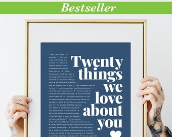 20 Things We Love About; 20 REASONS We Love; Personalized Birthday Gift for him; her, man, woman, sister, brother, friend; 20th Birthday