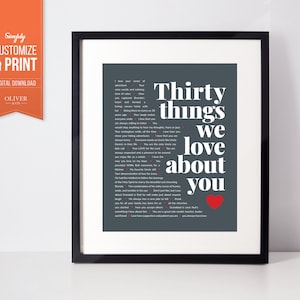 30 cose che amiamo di te Poster digitale personalizzato. Stampa te stesso, regalo di compleanno o anniversario perfetto per tuo marito, amico o fratello!