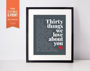 30 Things We Love About You Custom Digital Poster. Print yourself, Perfect birthday or Anniversary gift for your husband, friend or brother!