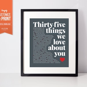35 cose che amiamo di te Poster digitale personalizzato. Stampa te stesso, regalo di compleanno / anniversario perfetto per tuo marito, papà, uomo o fratello!