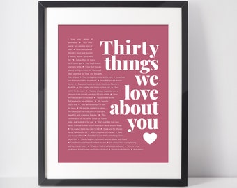 Regalos de cumpleaños número 30 para mujeres; regalos de cumpleaños número 30 para ella; 30 cosas que amamos de ti; 30 razones por las que te amamos; regalo de cumpleaños número 30 para ella