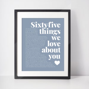May include: A blue and white printable poster with the text "Sixty-five things we love about you" and a heart at the bottom. The text is in a bold, sans-serif font.