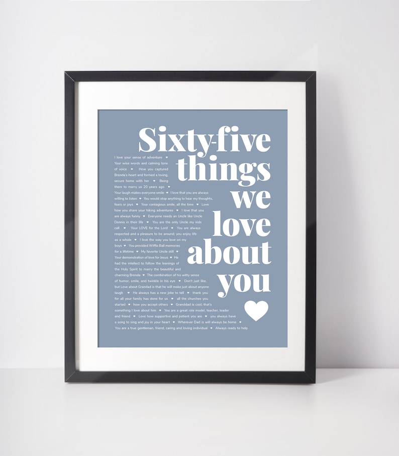 May include: A blue and white printable poster with the text "Sixty-five things we love about you" and a heart at the bottom. The text is in a bold, sans-serif font.
