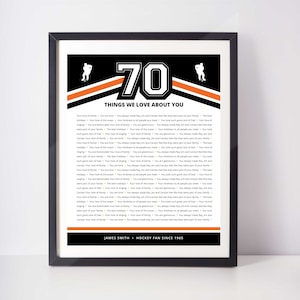 70 Dinge, die wir über Dich lieben; Maßanfertigung; Hockey; 70. Geburtstagsgeschenk; Papas 70. Geburtstag; Geschenk für Vater; Geschenk für Papa; Geschenk für Männer