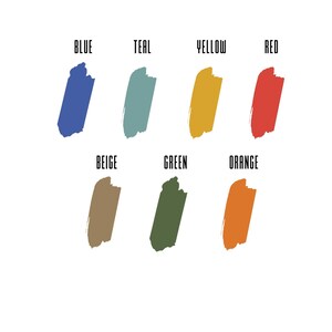 May include: A chart with color swatches labeled with the names of the colors: blue, teal, yellow, red, beige, green, and orange.
