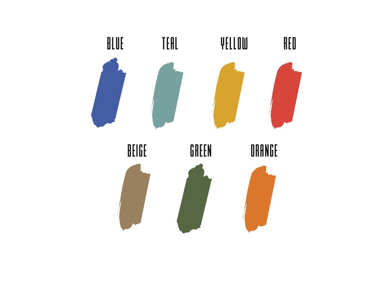 May include: A chart with color swatches labeled with the names of the colors: blue, teal, yellow, red, beige, green, and orange.