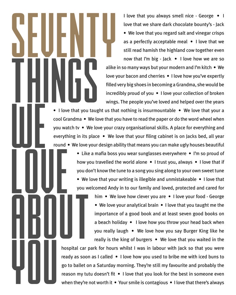 May include: A black and white graphic with the text "Seventy Things We Love About You" in large, bold letters. The text is surrounded by a list of reasons why someone is loved, including their sense of humor, their love of food, and their kindness.