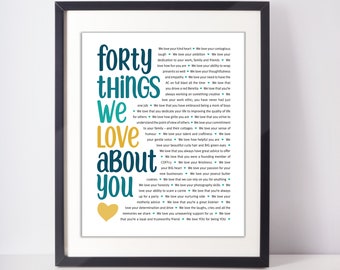 May include: A framed print with a teal and yellow heart design. The print features a list of 40 things the creator loves about someone. The text reads "forty things we love about you".