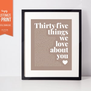 Dinge, die wir an Dir lieben, personalisierter Druck, 35. Geburtstag Geschenk für Mama, Mama, für Sie, für Frauen, Frauen Geschenke. Erdige Töne.