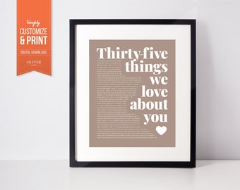 Things We Love About You Personalized Printable, 35th Birthday Gift for Mom, Mum, For Her, For Women, Woman gifts. Earthy tones.