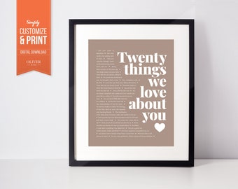 20 Things We Love About You Personalized Printable, 20th Birthday Gift for Her, for him, for Women for men. Earthy tones; Ready in 24 hrs.