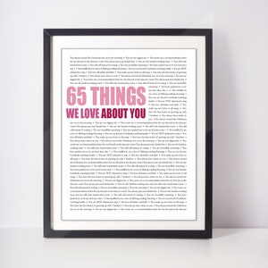 65 GRÜNDE Wir lieben dich; Personalisiertes Geburtstagsgeschenk; Geschenk für Schwester; Geschenk für Mama; Geschenk für Frau; Digitaldruck; 65. Geburtstag; Mama es 65.