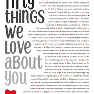 K&ouml;nnte beinhalten: Eine schwarz-wei&szlig;e Grafik mit roten Herzen und dem Text "fifty things we love about you". Der Text ist eine Liste von Gr&uuml;nden, warum jemand eine andere Person liebt.