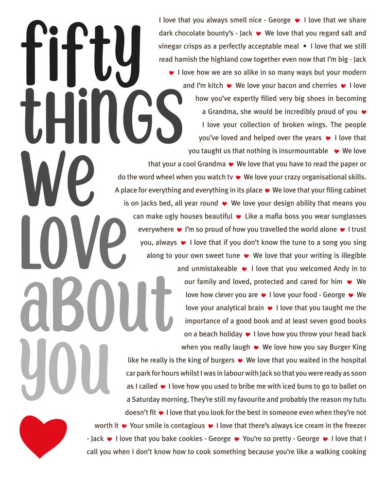 K&ouml;nnte beinhalten: Eine schwarz-wei&szlig;e Grafik mit roten Herzen und dem Text "fifty things we love about you". Der Text ist eine Liste von Gr&uuml;nden, warum jemand eine andere Person liebt.