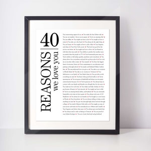 40 GRÜNDE Wir lieben dich; Personalisiertes Geburtstagsgeschenk; Geschenk für Papa; Geschenk für Mama; Geschenk für Ehemann; Digitaldruck; 40. Geburtstag; 40 Bday