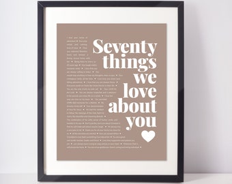 70 THINGS We Love About You; 70th Birthday; Gift for Aunt; Gift for Grandma; Mom's 70th Birthday; Gift for Mom; 70th birthday gifts