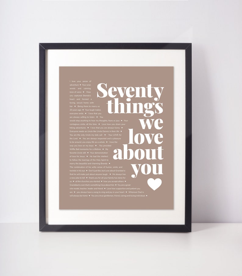 May include: A brown framed print with white text that reads "Seventy things we love about you" with a heart at the bottom. The text is a list of reasons why someone is loved.