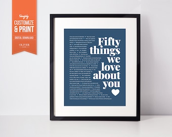 Customizable 50 Reasons We Love You Digital Poster, Anniversary Gift (Digital Download)